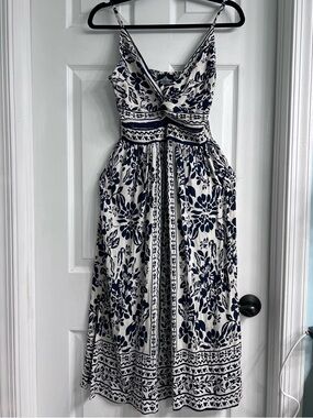 Angie White Midi Dress with Navy Floral Print